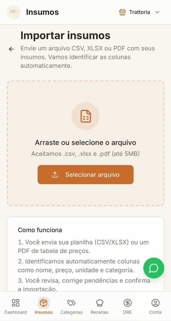 Tela de importação de insumos do Zucca App