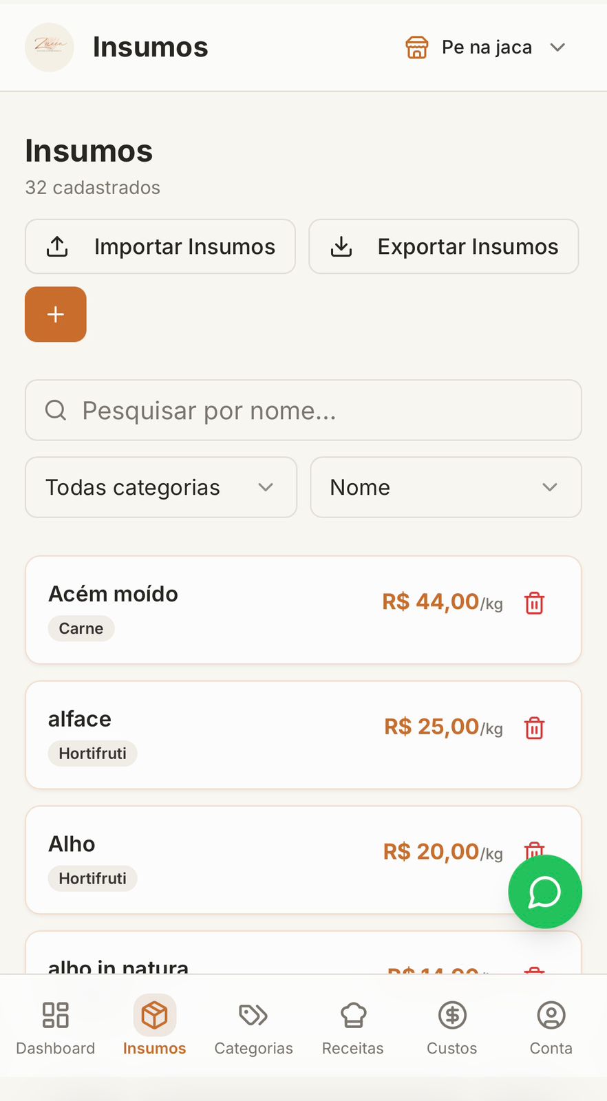 Tela de insumos do Zucca App