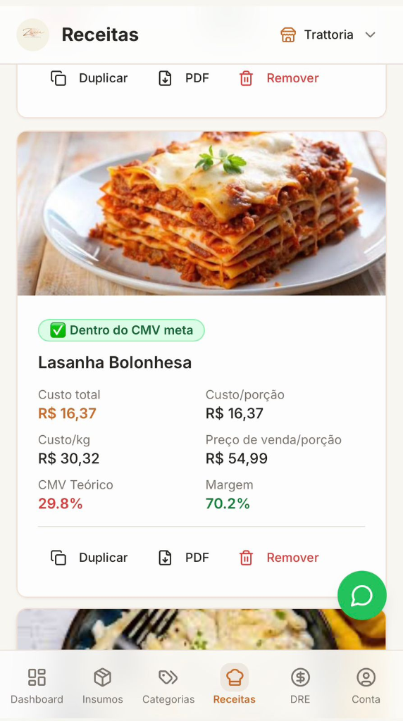 Tela de precificação de receita do Zucca App